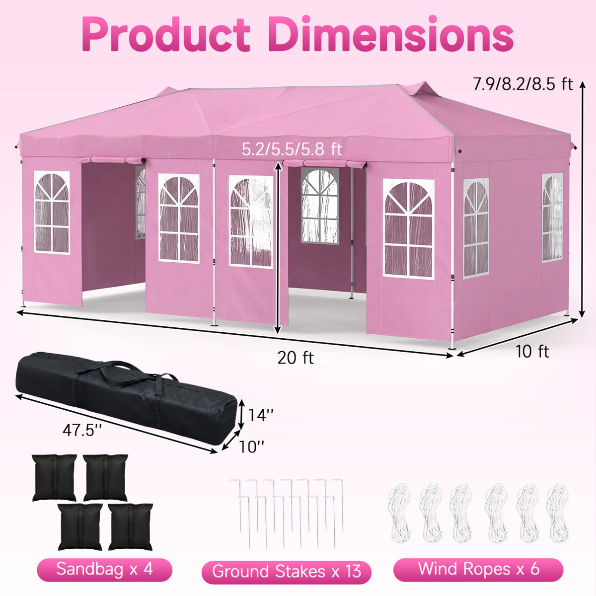 10 x 20 FT Pop Up Canopy Tent with 6 Sidewalls and Adjustable Height-Pink