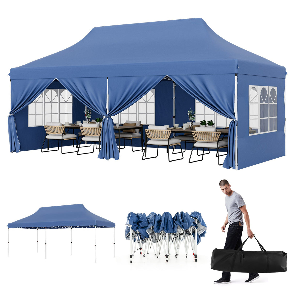 10 x 20 FT Pop up Canopy with 6 Sidewalls and Windows and Carrying Bag for Party Wedding Picnic-Blue by DirectDeals