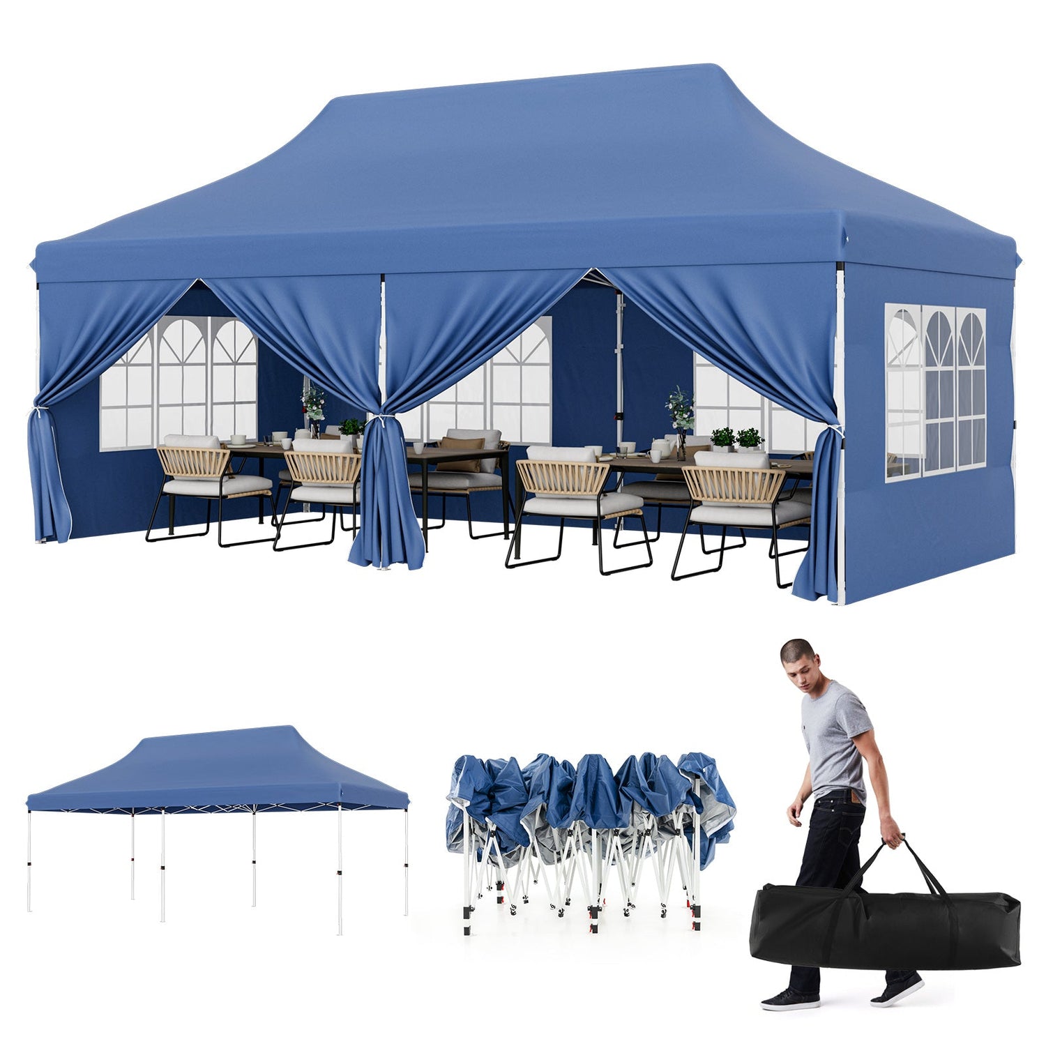 10 x 20 FT Pop up Canopy with 6 Sidewalls and Windows and Carrying Bag for Party Wedding Picnic-Blue by DirectDeals