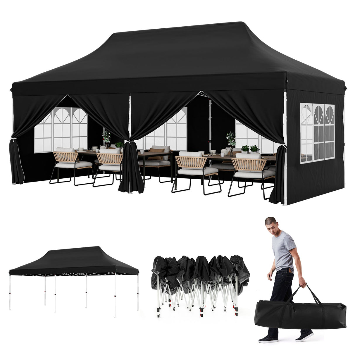 10 x 20 FT Pop up Canopy with 6 Sidewalls and Windows and Carrying Bag for Party Wedding Picnic-Black by DirectDeals