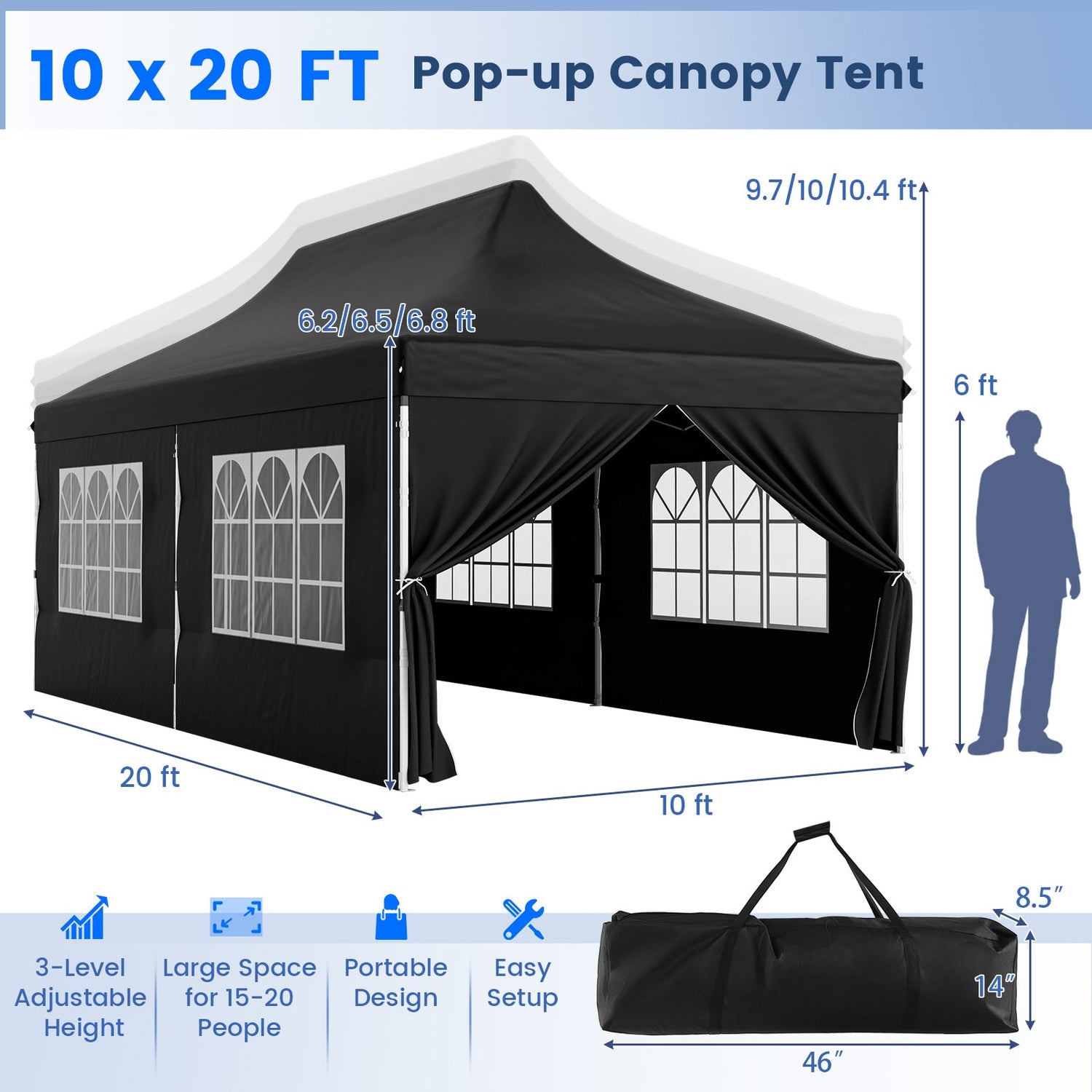 10 x 20 FT Pop up Canopy with 6 Sidewalls and Windows and Carrying Bag for Party Wedding Picnic-Black by DirectDeals