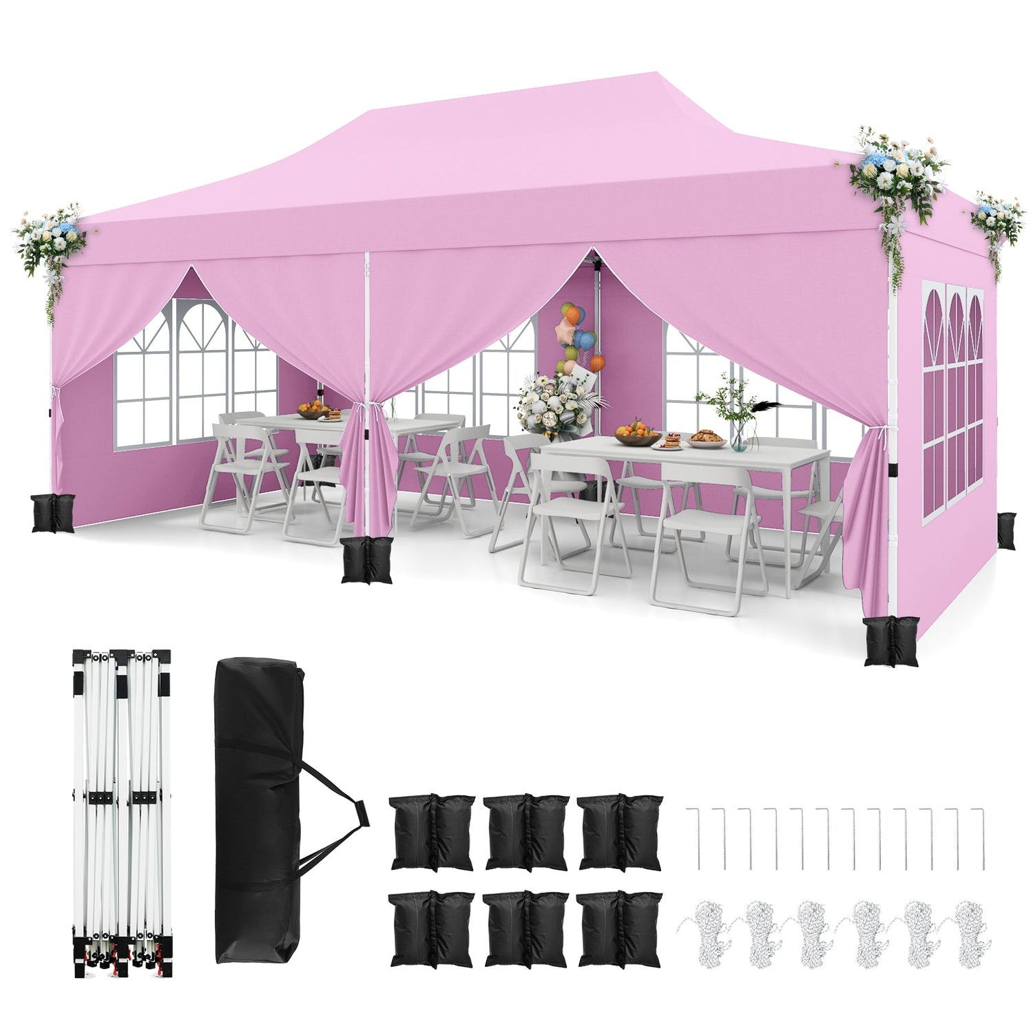 10 x 20 Feet Pop up Canopy with 6 Sidewalls Windows and Carrying Bag-Pink by DirectDeals