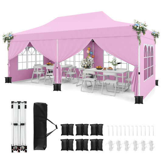 10 x 20 Feet Pop up Canopy with 6 Sidewalls Windows and Carrying Bag-Pink