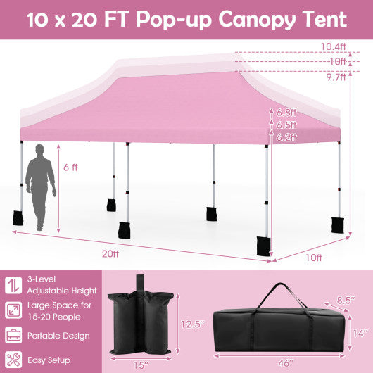10 X 20 FT Pop up Canopy Tent Foldable Portable Outdoor Gazebo with Carry Bag-Pink