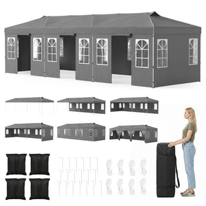 10 x 30 FT Pop Up Canopy Tent with 8 Sidewalls and Adjustable Height-Gray