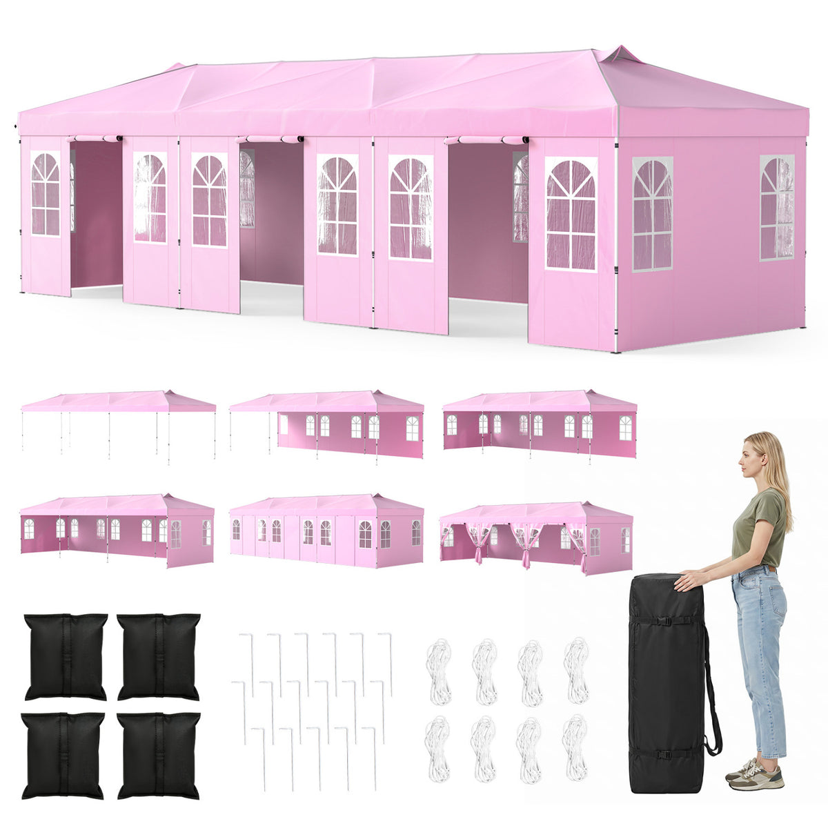 10 x 30 FT Pop Up Canopy Tent with 8 Sidewalls and Adjustable Height-Pink