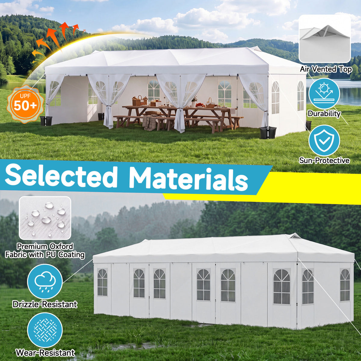10 x 30 FT Pop Up Canopy Tent with 8 Sidewalls and Adjustable Height-White