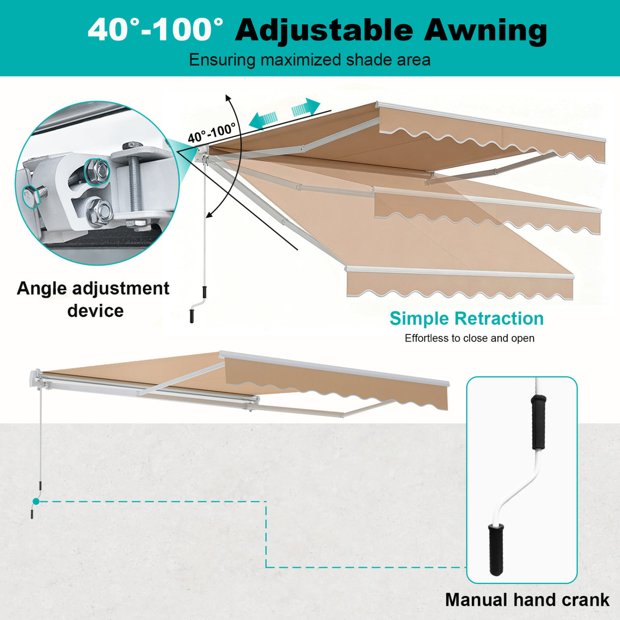 10 x 8.2 Feet Retractable Awning with Easy Opening Manual Crank Handle-Brown