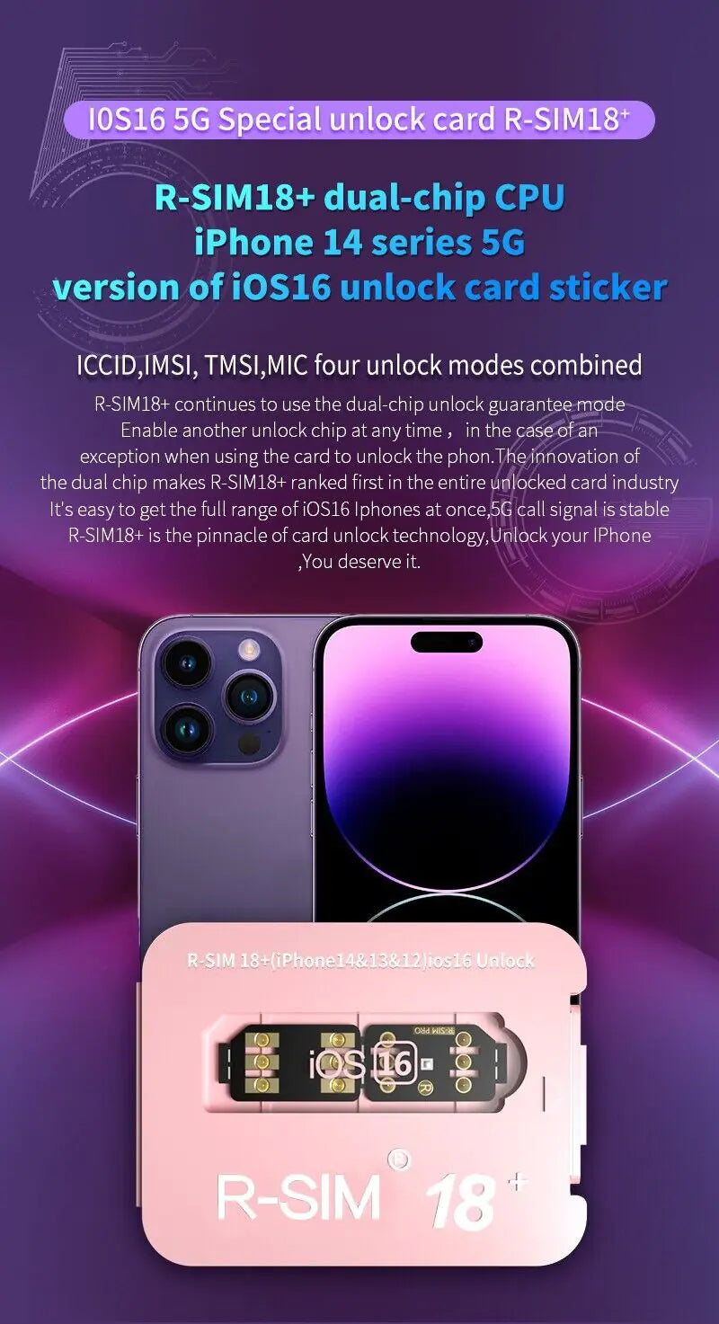 R-SIM18+ RSIM 18+ Nano Unlock Card For iPhone 14 Plus 13 12 11 Pro Max XR iOS 16