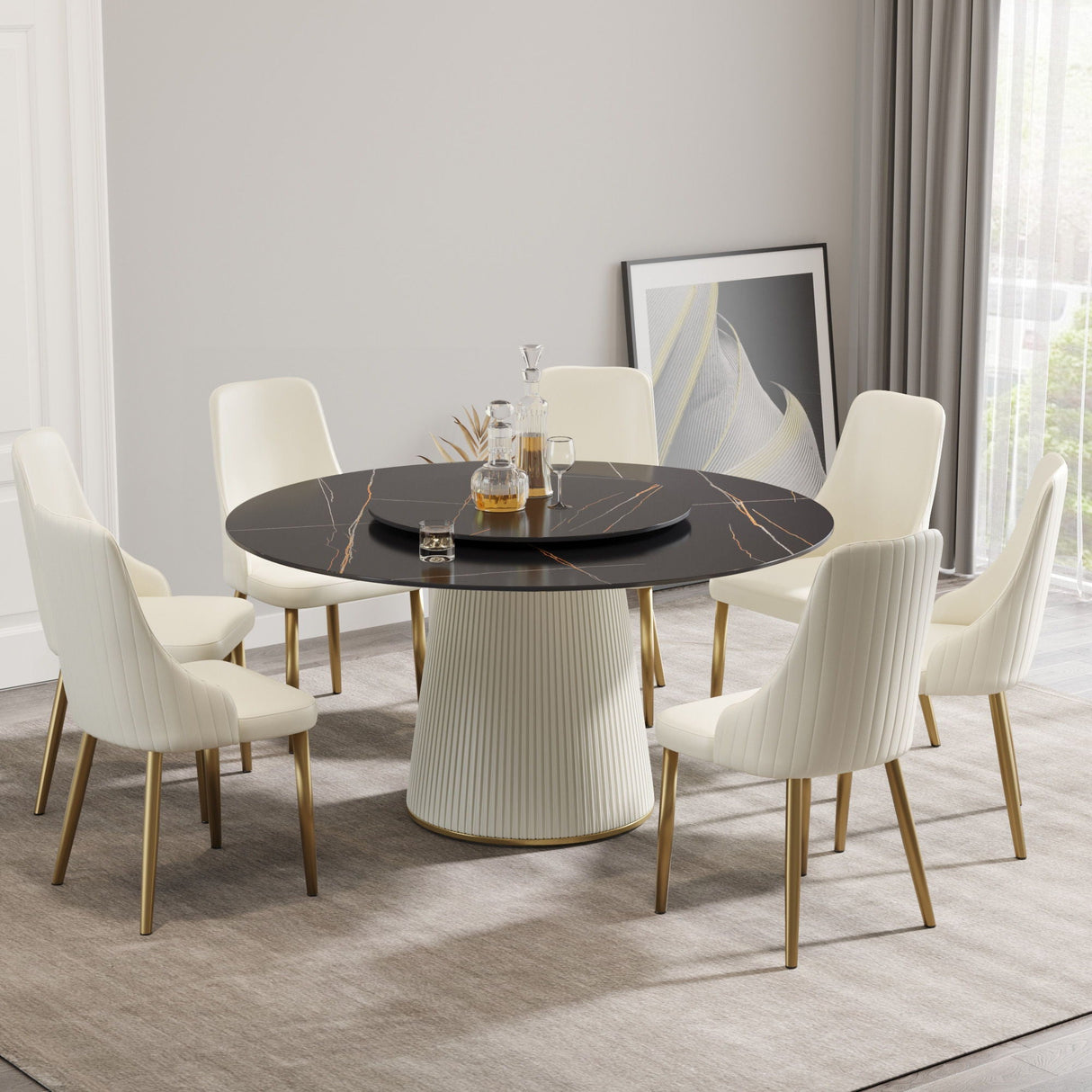 Modern Artificial Stone Round Plywood Base Dining Table, Can Accommodate 8 People Artificial Stone Turntable (Not Including Chairs) - Black / Beige by Couch.com