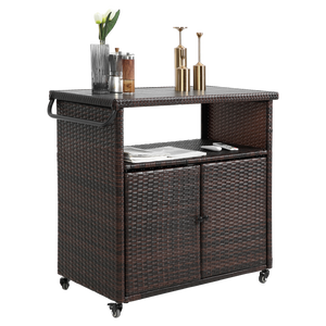 Outdoor Wicker Bar Cart with Glass Top and Wheels - Light Brown