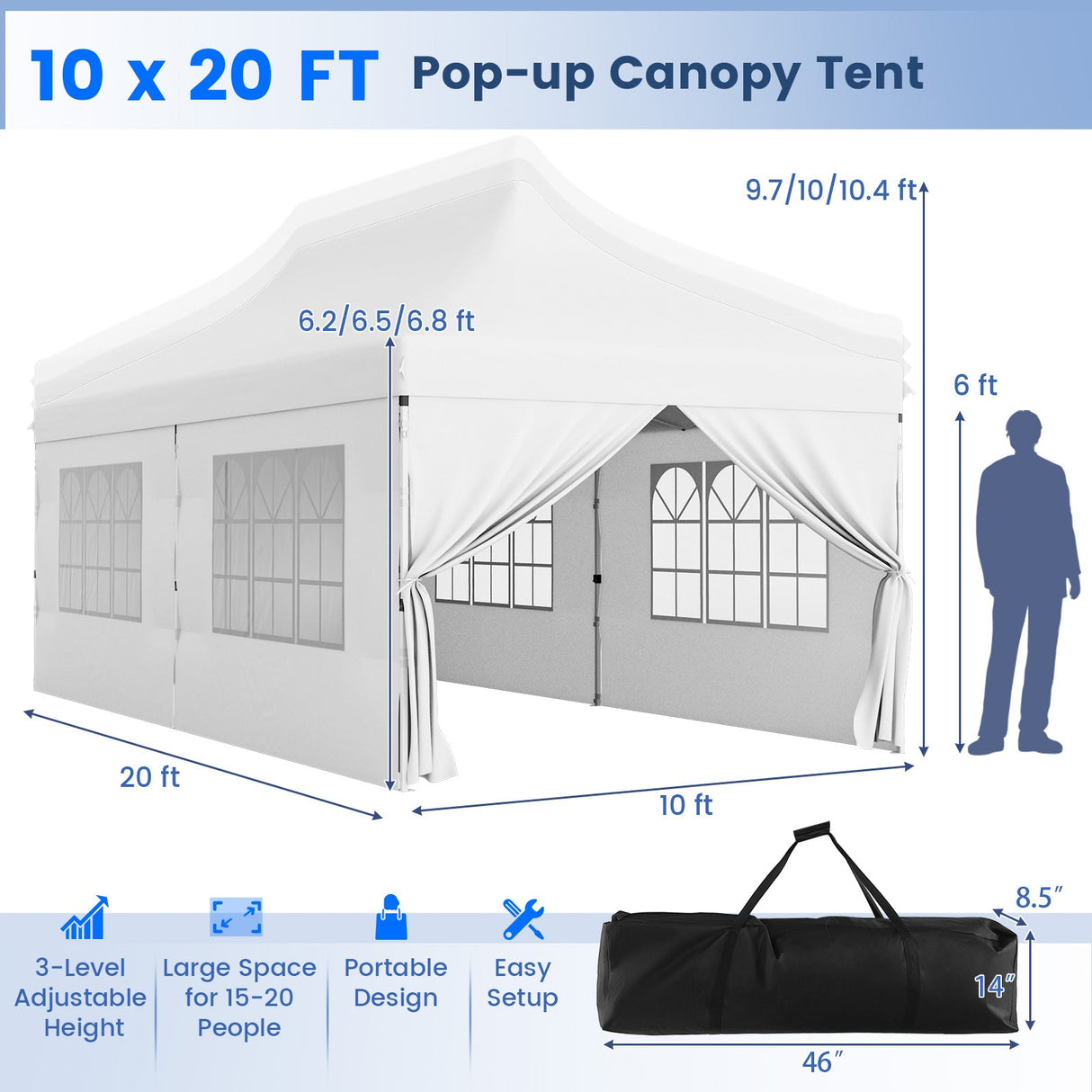 10 x 20 FT Pop up Canopy with 6 Sidewalls and Windows and Carrying Bag for Party Wedding Picnic-White by DirectDeals