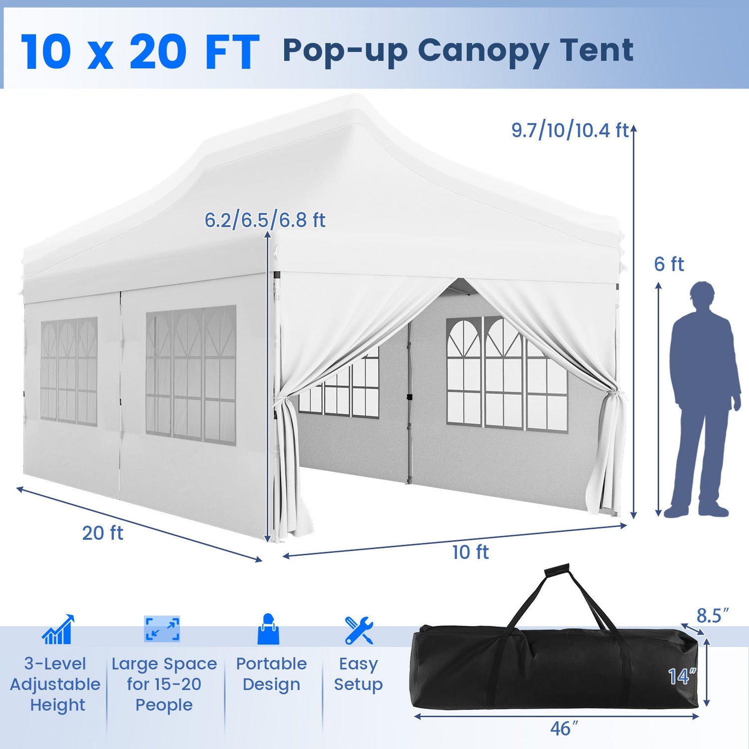 10 x 20 FT Pop up Canopy with 6 Sidewalls and Windows and Carrying Bag for Party Wedding Picnic-White by DirectDeals