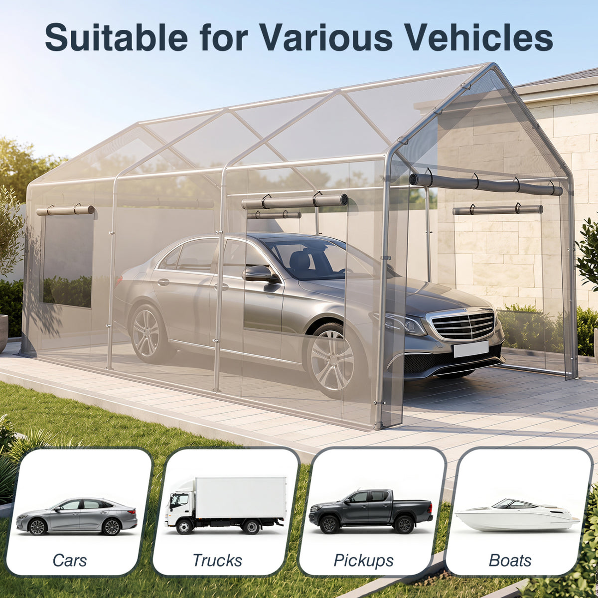 10x20 FT Portable Garage with 2 Doors & 4 Mesh Windows and PE Cover for Car-Gray