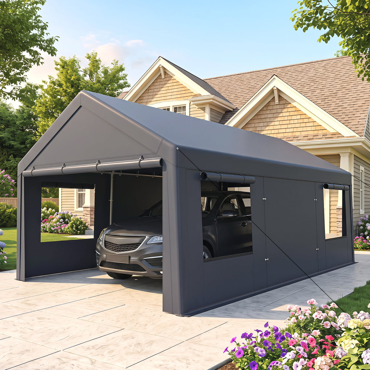 10x20 FT Portable Garage with 2 Doors & 4 Mesh Windows and PE Cover for Car-Gray
