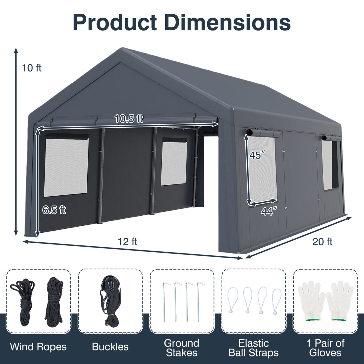 10x20 FT Portable Garage with 2 Doors & 4 Mesh Windows and PE Cover for Car-Gray