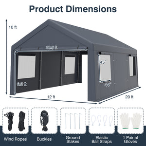 10x20 FT Portable Garage with 2 Doors & 4 Mesh Windows and PE Cover for Car-Gray