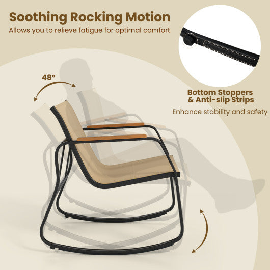 Heavy-Duty Rocking Bistro Chairs and Table Set with High Backrest and Wood-Plastic Tabletop-Brown