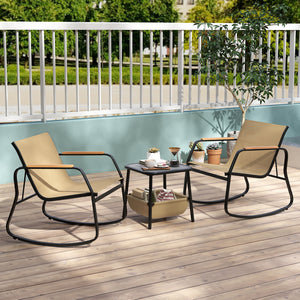3 Piece Rocking Bistro Chairs and Side Table Set with Storage Bag-Brown