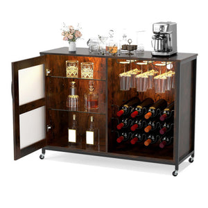 Wine Bar Cabinet with LED Light and Adjustable Shelves-Rustic Brown
