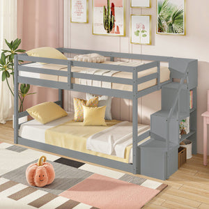 Twin Over Twin Low Bunk Bed with Storage Stairs Solid Wood Floor Bunk Bed Frame-Gray