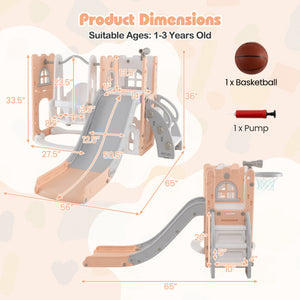 7-in-1 Toddler Swing and Slide Set L-shaped with Ladder and Basketball Hoop-Pink