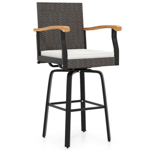 One Outdoor 360° Swivel Bar Stool with Cushion and Acacia Wood Armrests