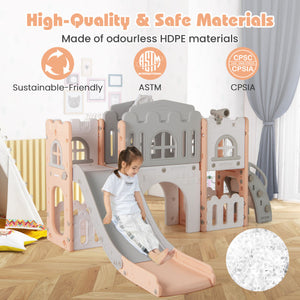 All-in-1 Toddler Slide Playset Playground with Tunnel and Ladder and Basketball-Pink