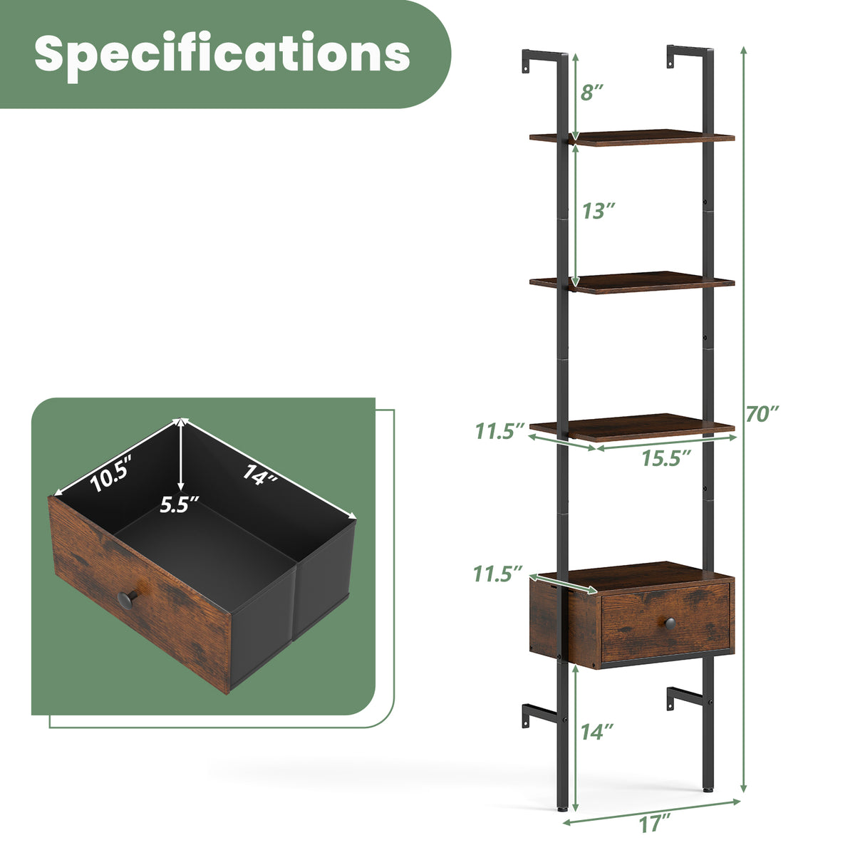 5-Tier Ladder Bookcase with Drawer and Metal Frame for Study Home Office-Rustic Brown