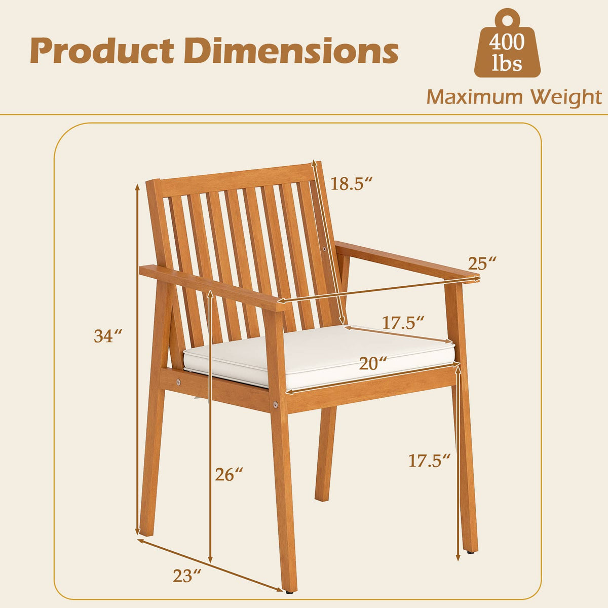 2 Pieces Patio Dining Chairs Outdoor Acacia Wood Chairs with Removable Padded Cushion-Natural