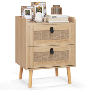 Modern End Table Bedside Table with 2 Rattan Decorated Drawers-Natural