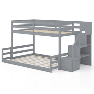 Solid Wood Twin Over Full Low Bunk Bed with Storage Stairs-Grey