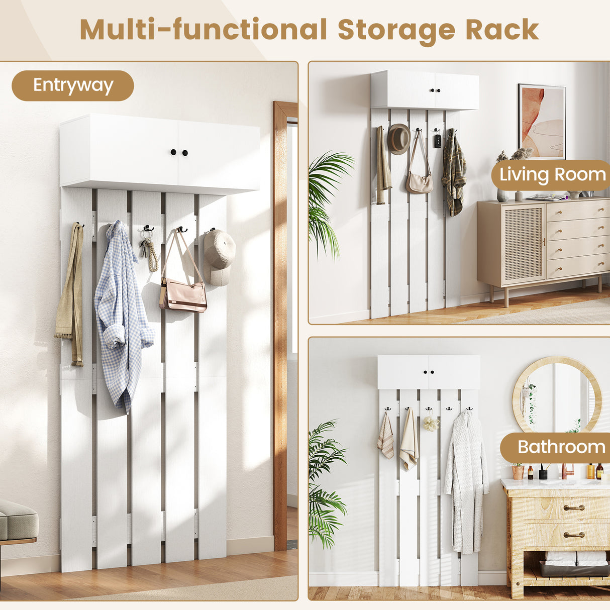 Entryway Wall Coat Rack Wall Mounted Coat Clothes Rack-White