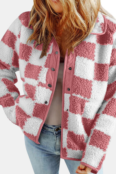 Elegant Checkered Snap Down Long Sleeve Teddy Jacket Soft & Warm Colorful Jacket