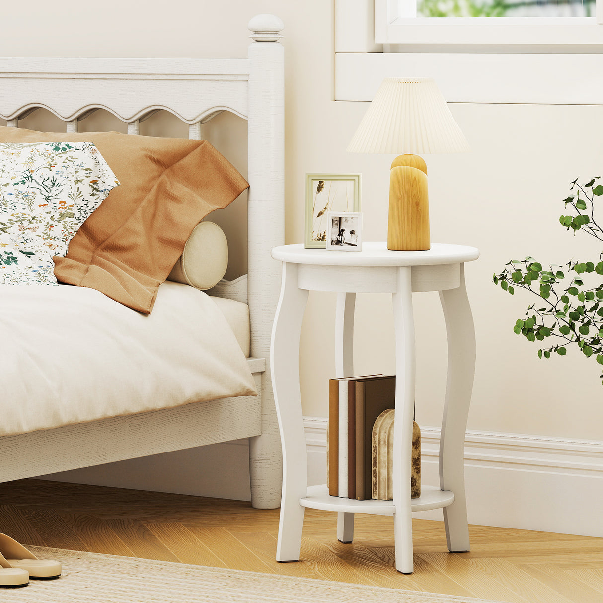 Set of 2 15 Inch 2-Tier Round End Table with Storage Shelf-White