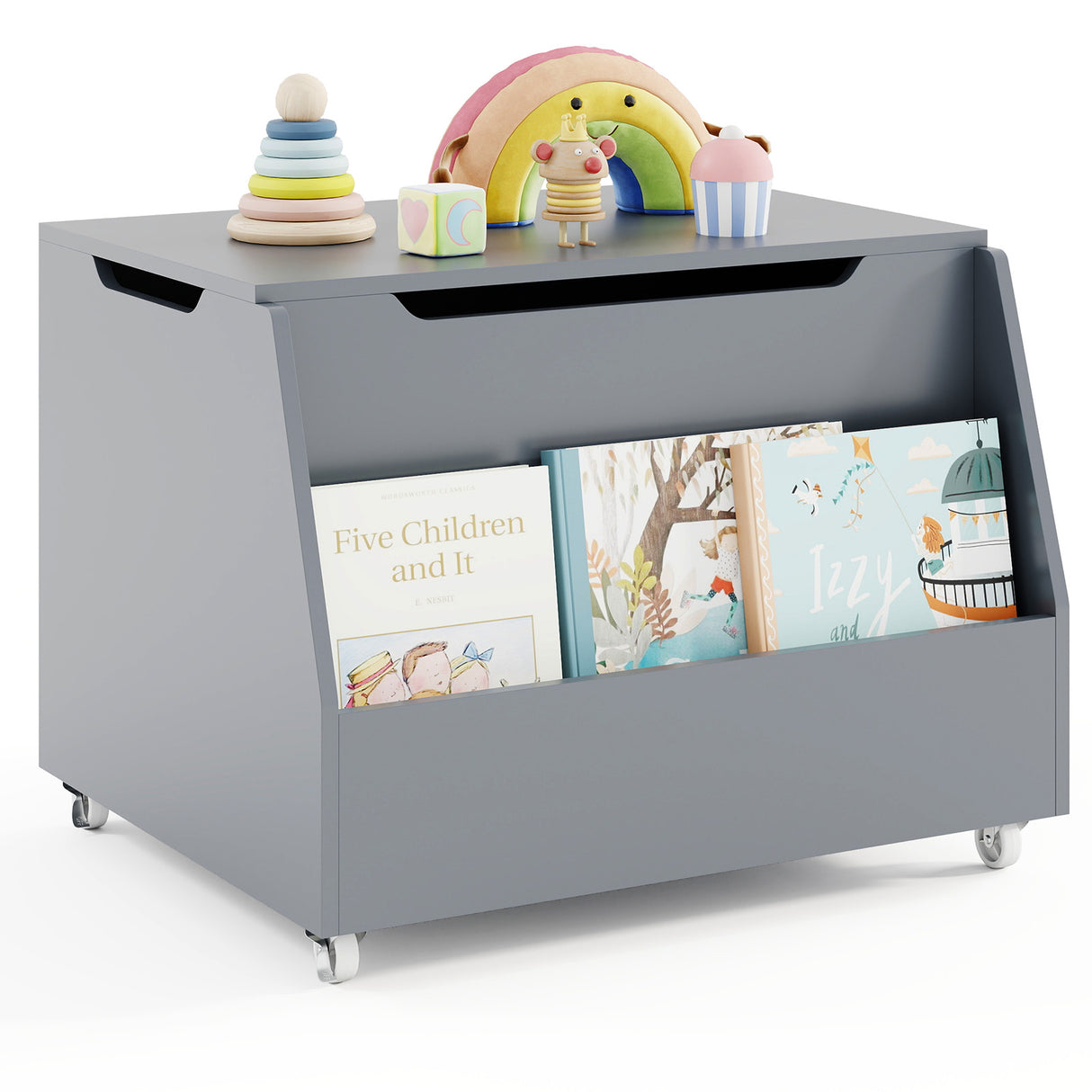 Wooden Mobile Toy Storage Organizer with Bookshelf and Lockable Wheels-Gray