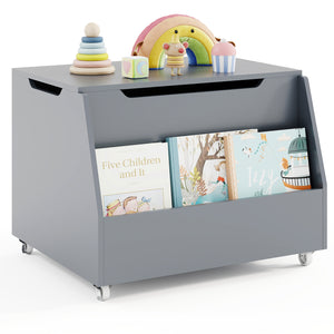 Wooden Mobile Toy Storage Organizer with Bookshelf and Lockable Wheels-Gray