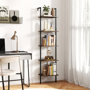 5 Tier Wall Mount Ladder Shelf with Anti-Tipping Kits for Home Office-Rustic Brown