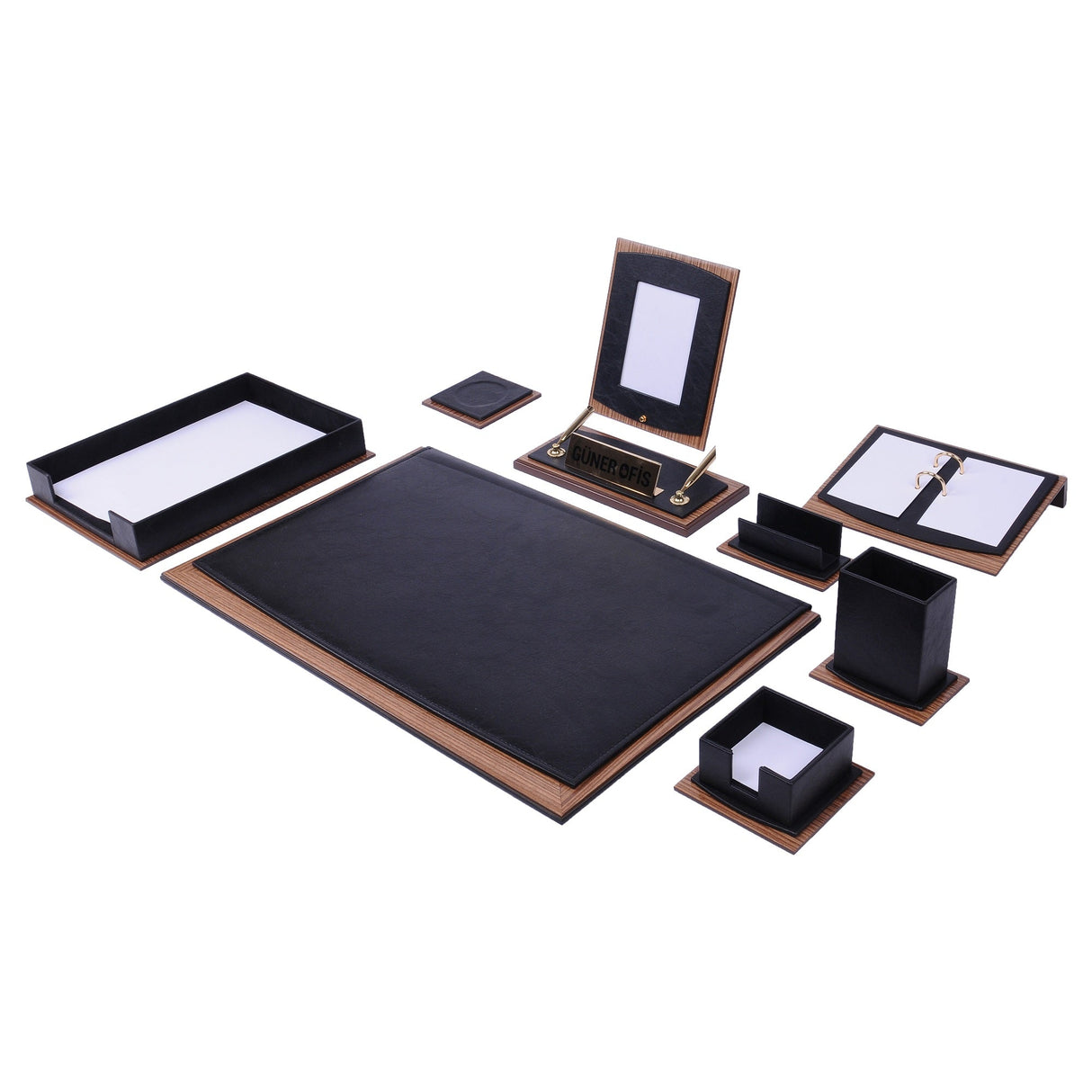 MOOG Star Leather Desk Set -Walnut Wood Combination - Black -11 PCS