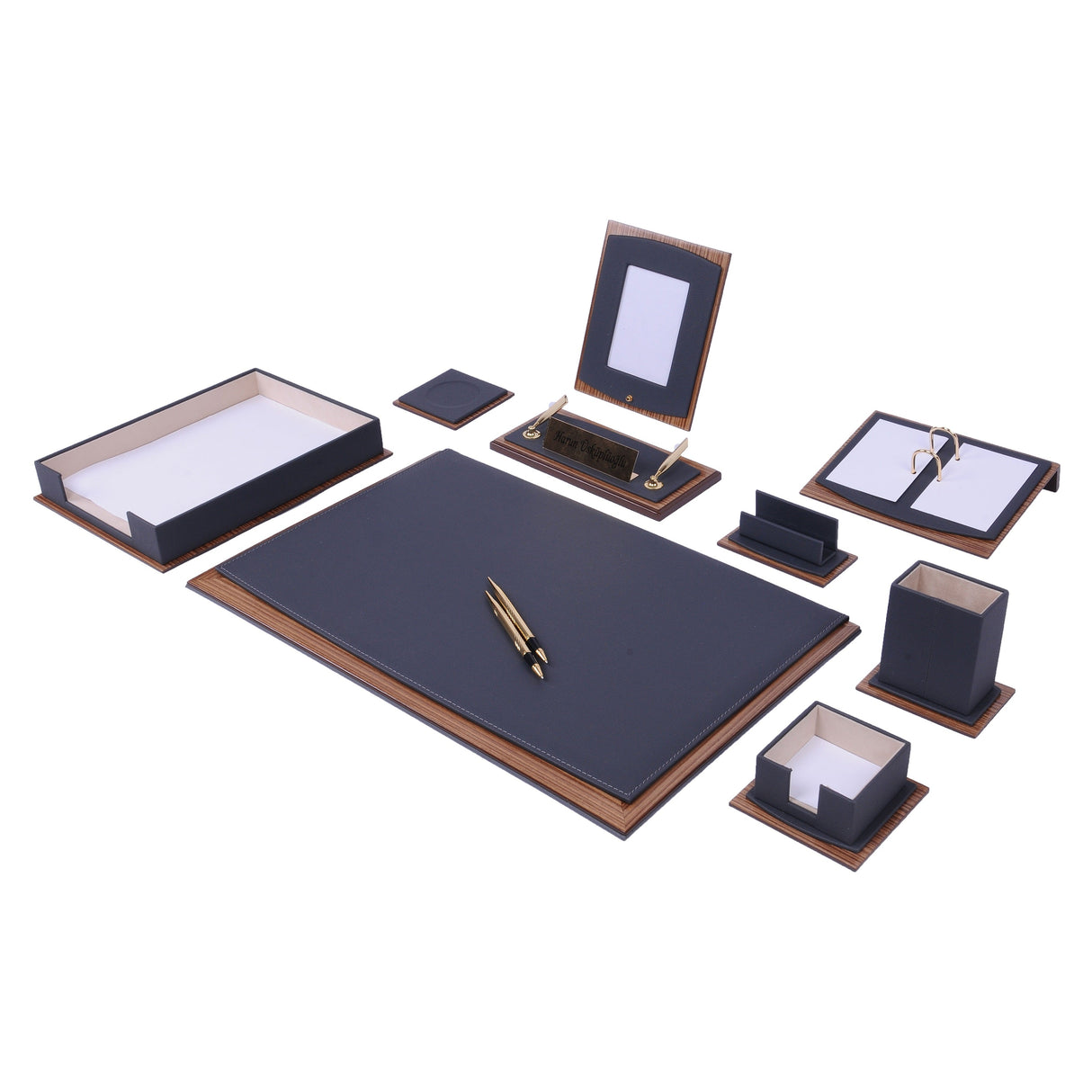 MOOG Star Leather Desk Set -Walnut Wood Combination - Black -11 PCS