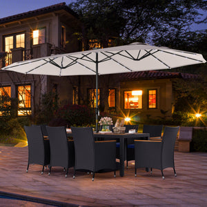 11 Pieces Patio Dining Set with LED Patio Umbrella with Base and Seat Cushions (Navy)-Beige
