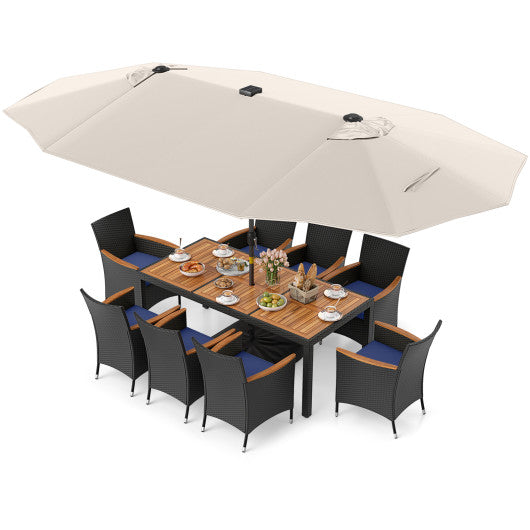 11 Pieces Patio Dining Set with LED Patio Umbrella with Base and Seat Cushions (Navy)-Beige