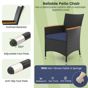 11 Pieces Patio Dining Set with LED Patio Umbrella with Base and Seat Cushions (Navy)-Coffee