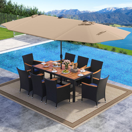 11 Pieces Patio Dining Set with LED Patio Umbrella with Base and Seat Cushions (Navy)-Coffee