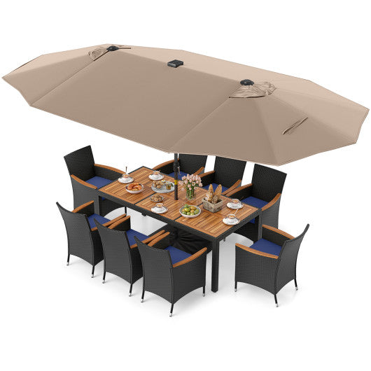 11 Pieces Patio Dining Set with LED Patio Umbrella with Base and Seat Cushions (Navy)-Coffee