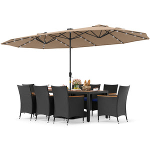 11 Pieces Patio Dining Set with LED Patio Umbrella with Base and Seat Cushions (Navy)-Coffee