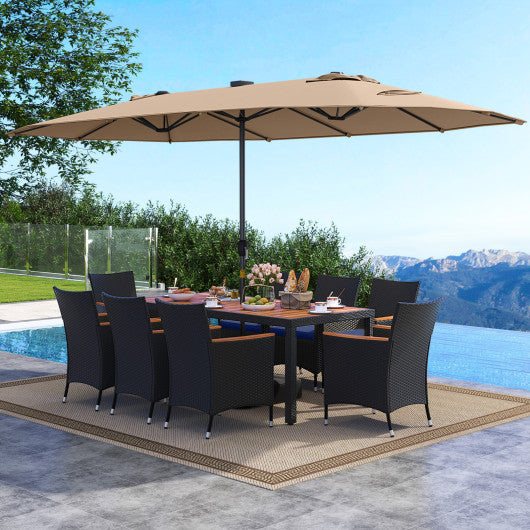 11 Pieces Patio Dining Set with LED Patio Umbrella with Base and Seat Cushions (Navy)-Coffee