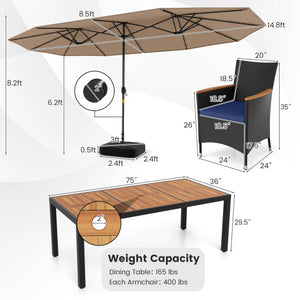 11 Pieces Patio Dining Set with LED Patio Umbrella with Base and Seat Cushions (Navy)-Coffee