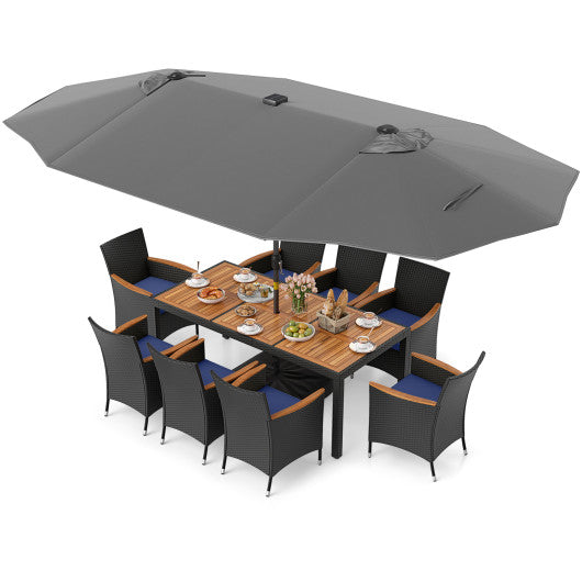 11 Pieces Patio Dining Set with LED Patio Umbrella with Base and Seat Cushions (Navy)-Gray