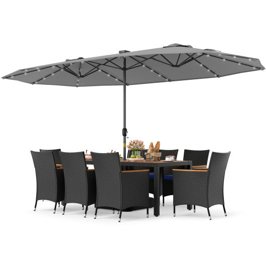 11 Pieces Patio Dining Set with LED Patio Umbrella with Base and Seat Cushions (Navy)-Gray